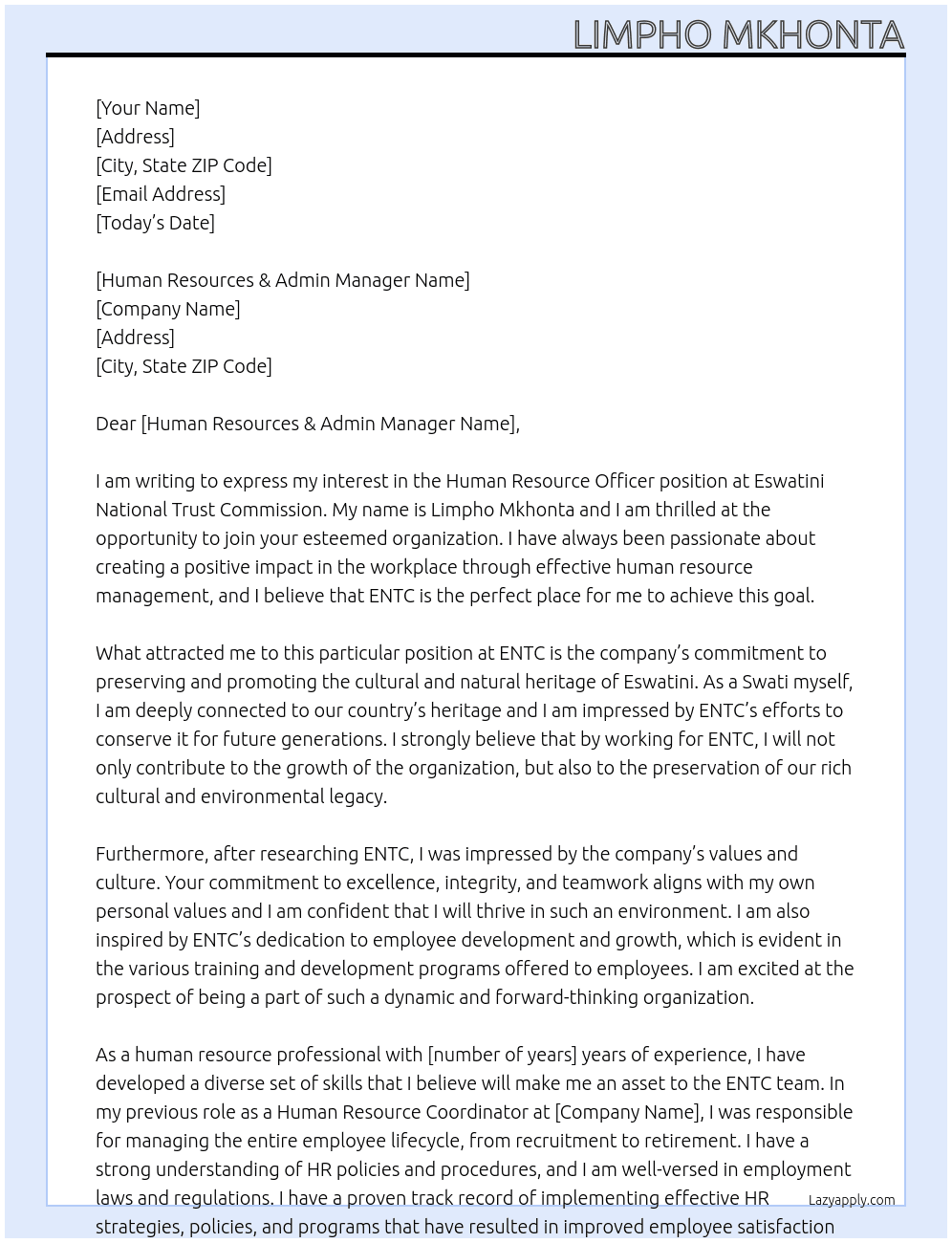 Human Resource Officer At Eswatini National Trust Commission Cover Letter