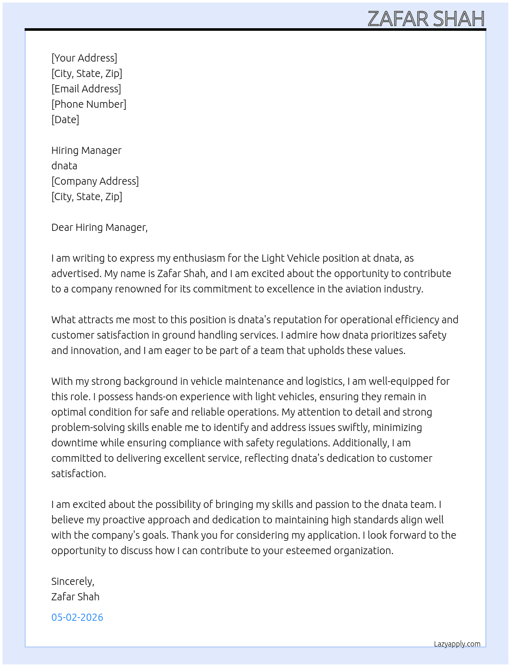 Cover letter for light vehicle - LazyApply