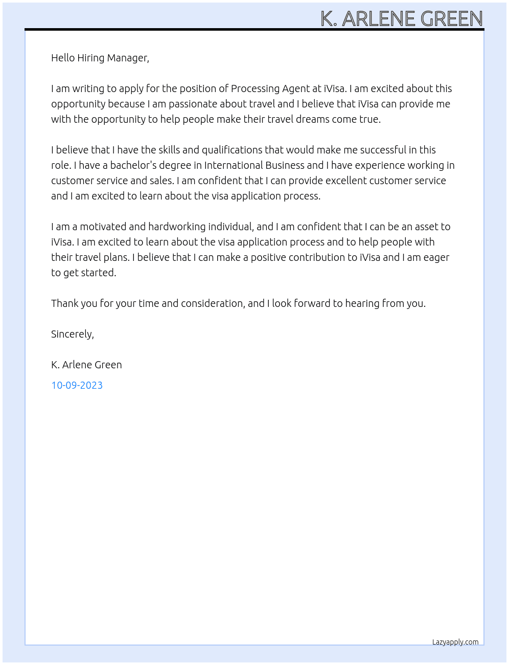processing agent At iVisa Cover Letter