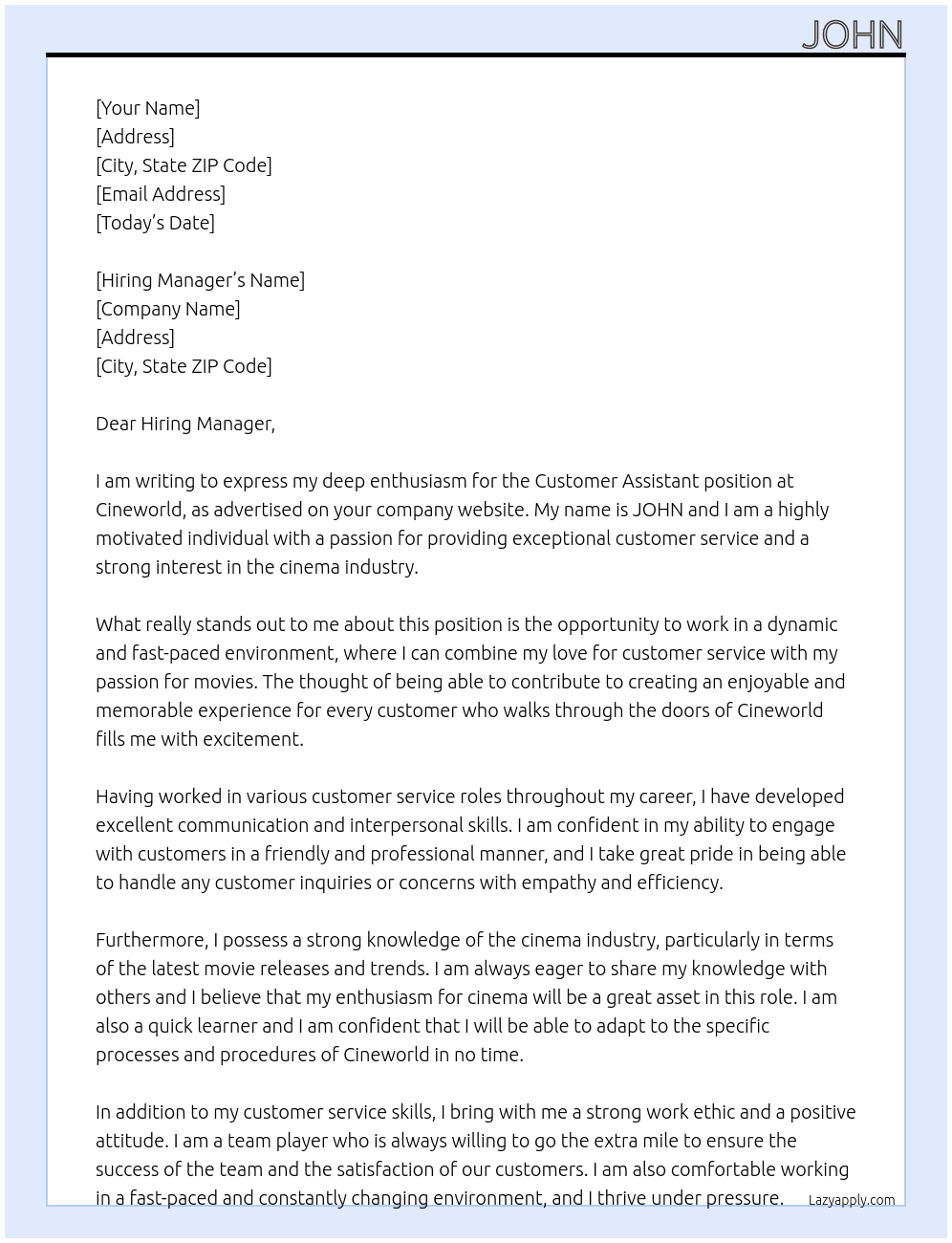 Customer Assistant At Cineworld Cover Letter