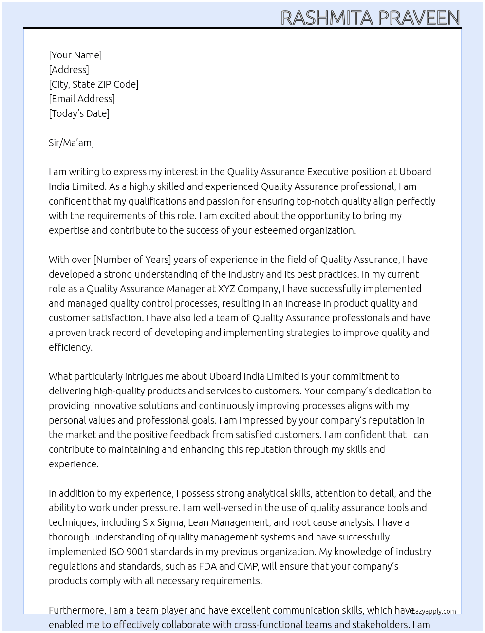 Quality assuarance executive At Uboard India Limited Cover Letter