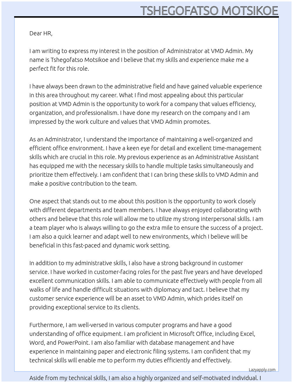 Adminstrator At VMD Admin Cover Letter