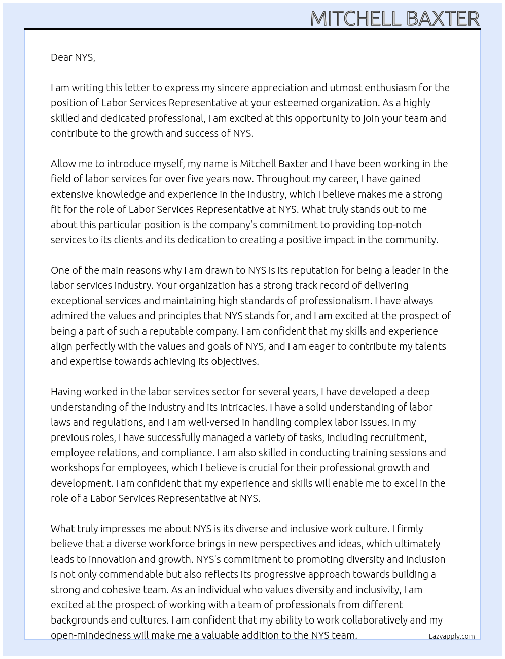 Labor Services Representative At NYS Cover Letter