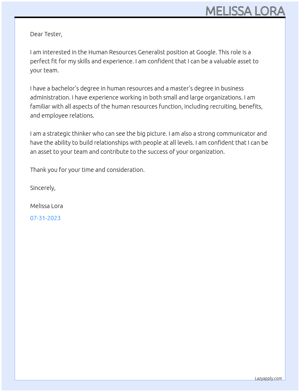 Human Resources Generalist At Google Cover Letter