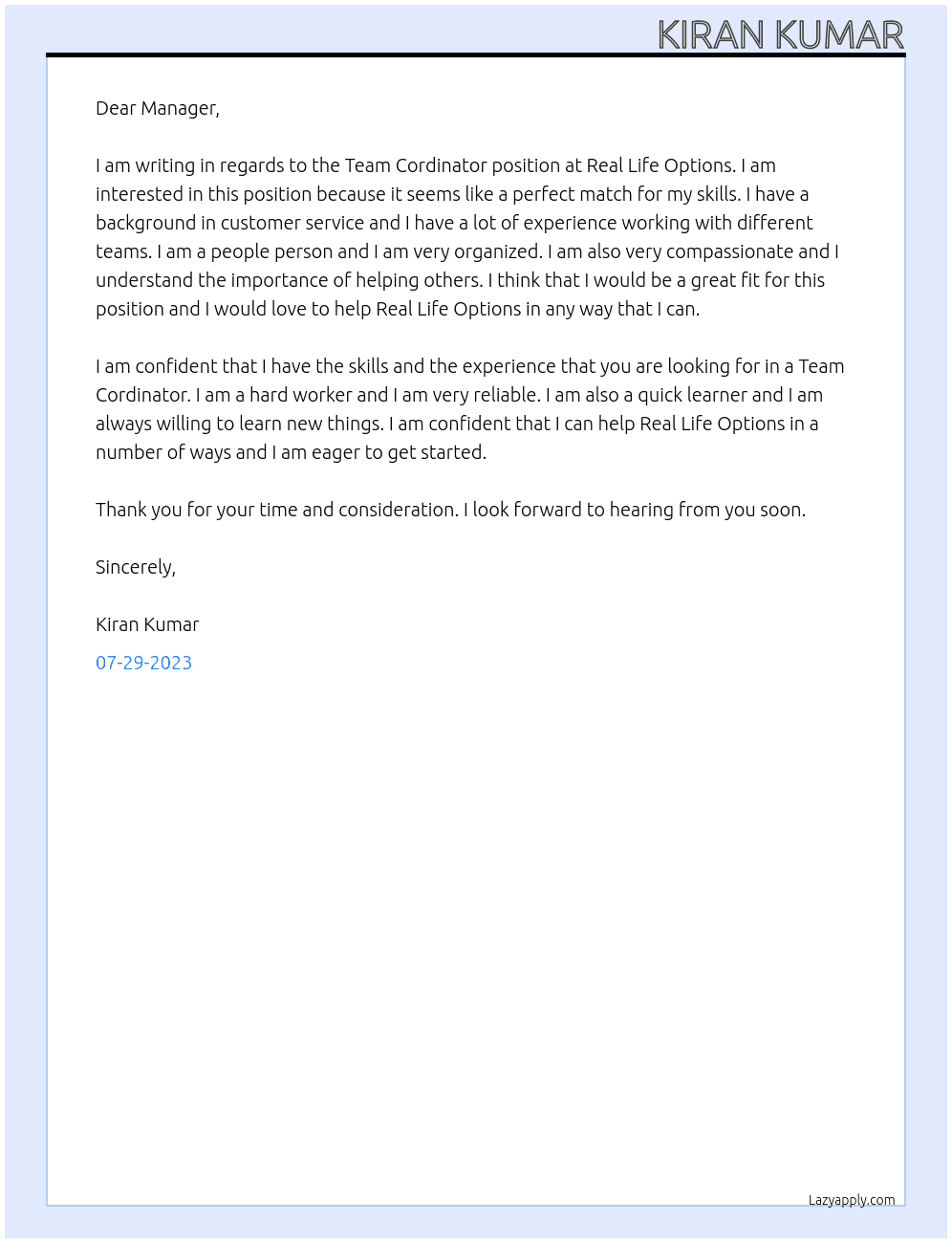 Team Cordinator At Real Life Options Cover Letter
