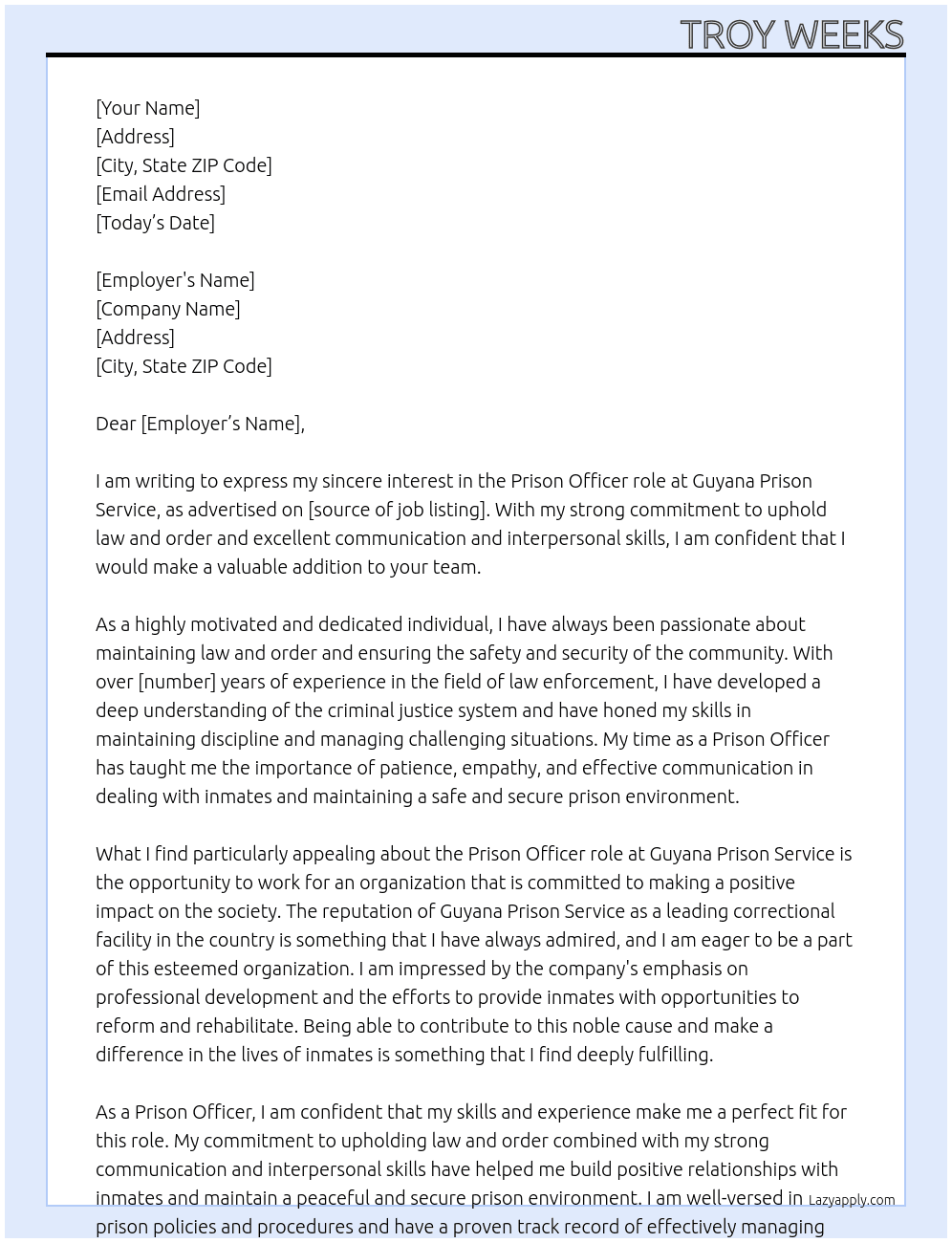 Prison Officer At Guyana Prison Service  Cover Letter