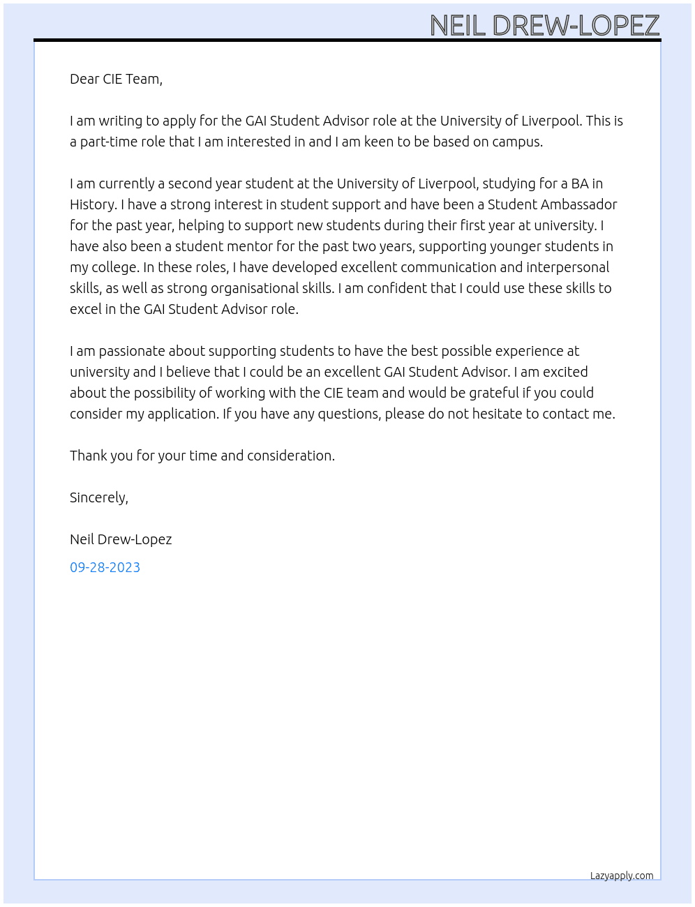 GAI Student Advisor At University of Liverpool Cover Letter