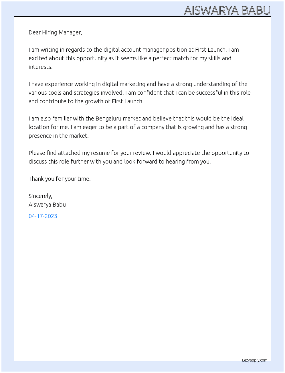 Digital account manager At First Launch Cover Letter