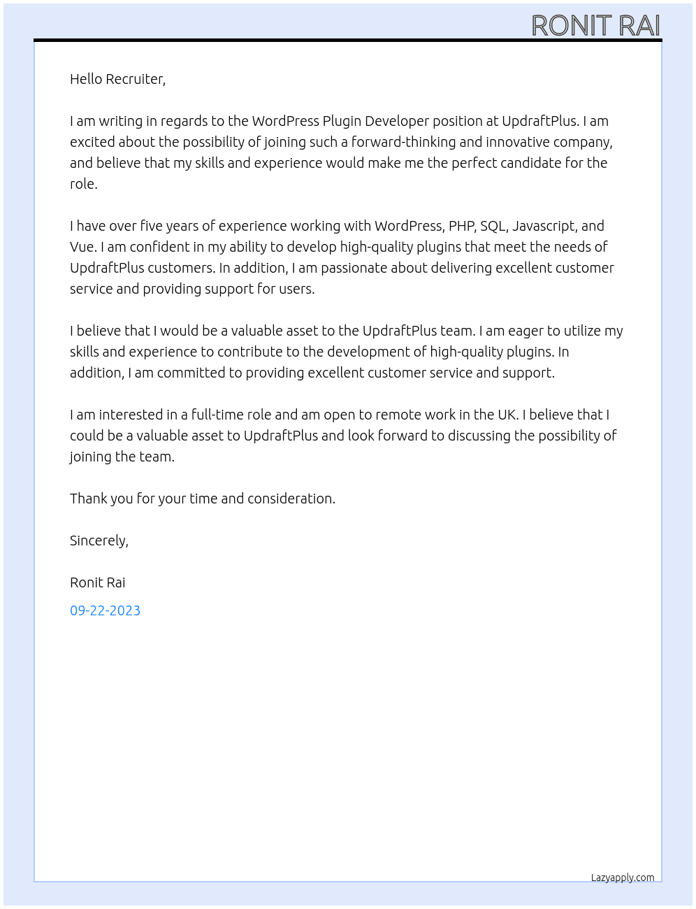 WordPress Plugin Developer At UpdraftPlus Cover Letter
