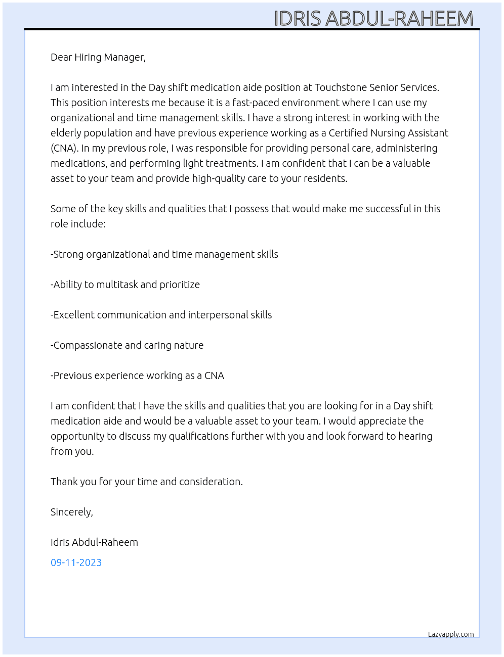 Day shift medication aide At Touchstone Senior Services  Cover Letter