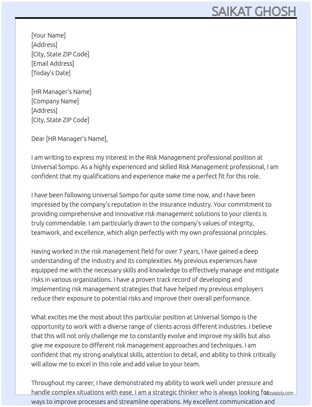 Risk Management professional At Universal Sompo Cover Letter