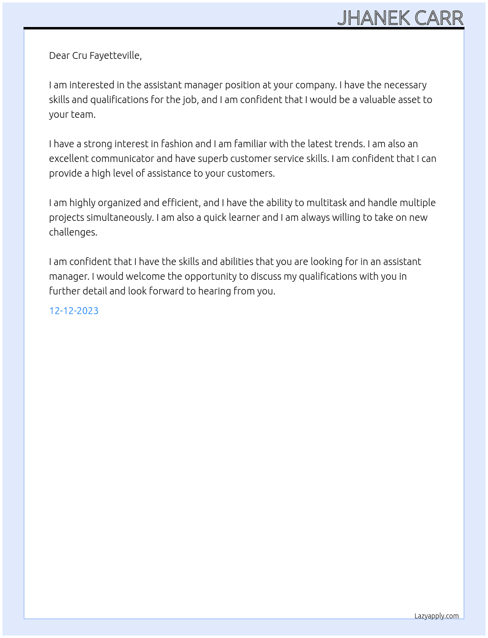 Assistant manager  At Cru Fayetteville Cover Letter