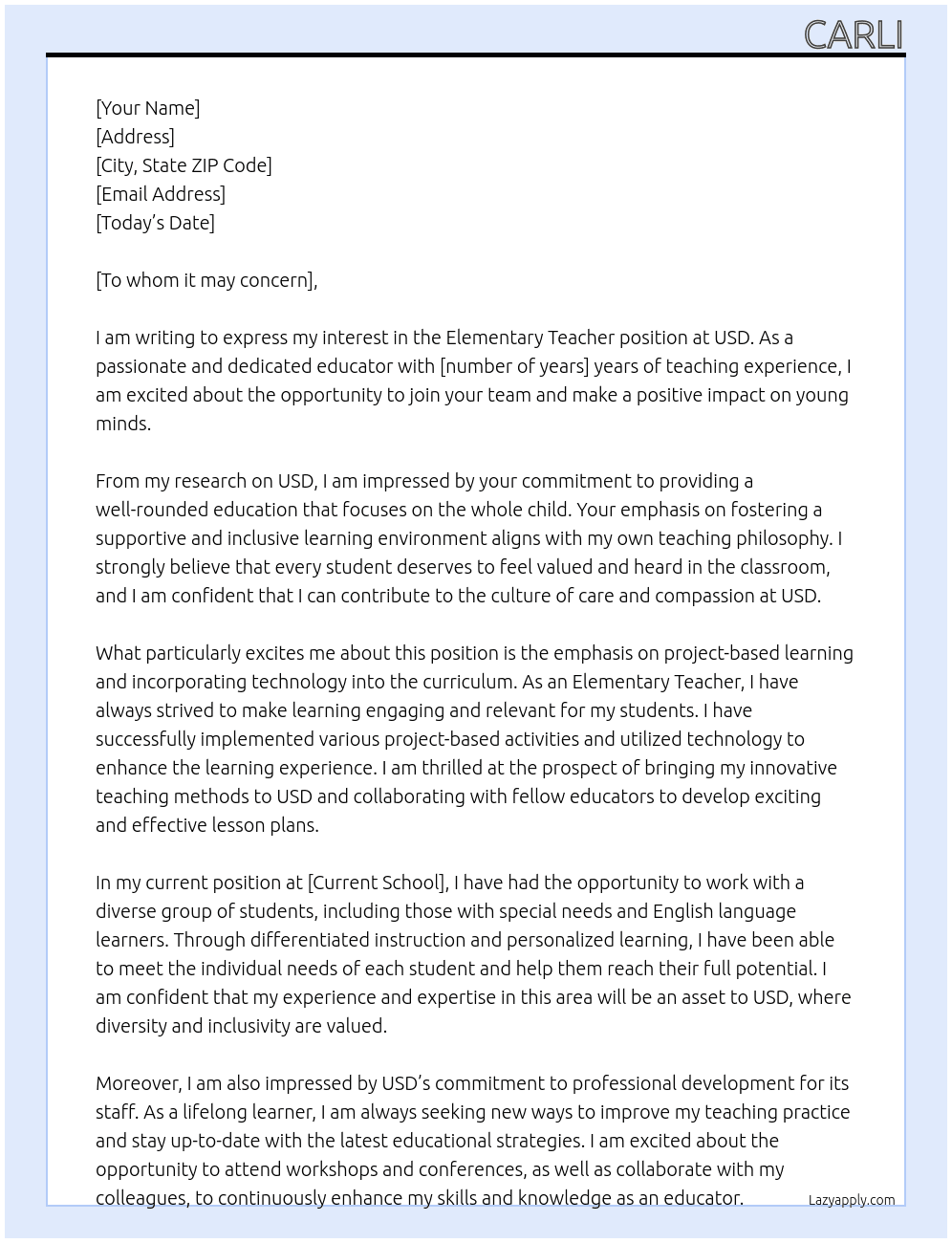 Elementary Teacher At USD -  Cover Letter