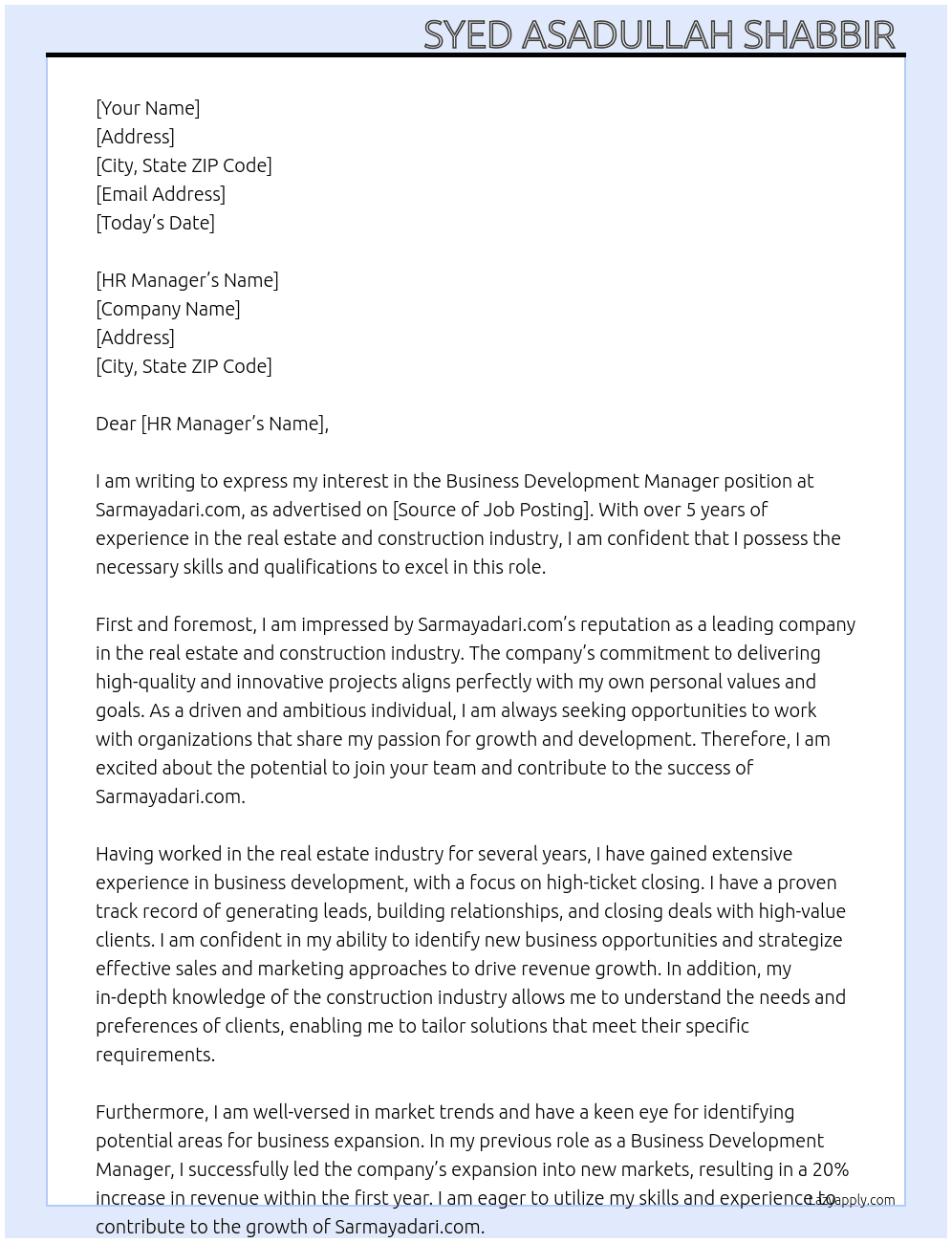 Business development manager  At Sarmayadari.com Cover Letter