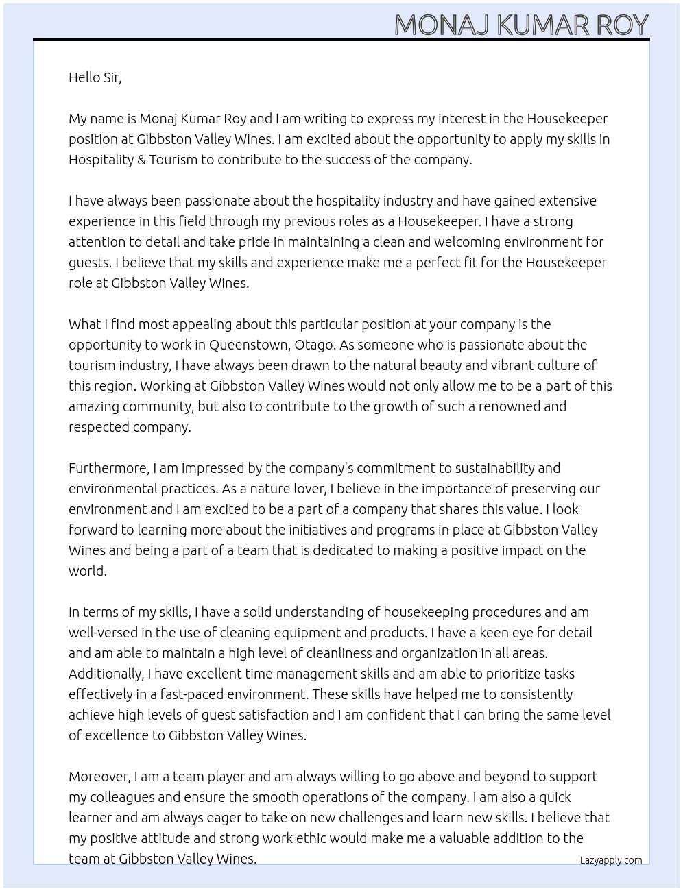 Housekeeper At Gibbston Valley Wines Cover Letter