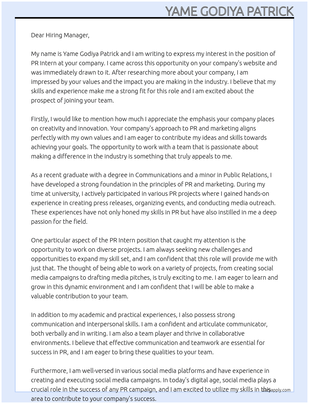 Pr Intern At Nil Cover Letter