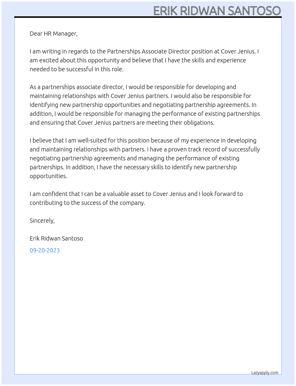 Partnerships Associate Director At Cover Jenius Cover Letter