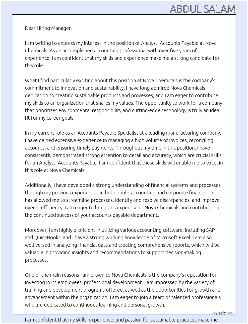 Analyst, Accounts Payable At Nova Chemicals Cover Letter