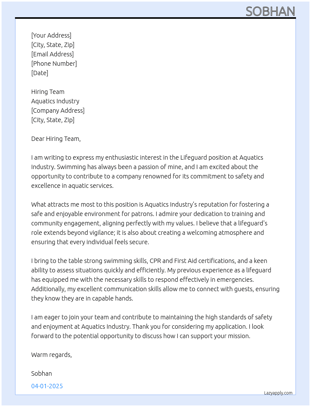 Lifeguard At Aquatics Industry Cover Letter
