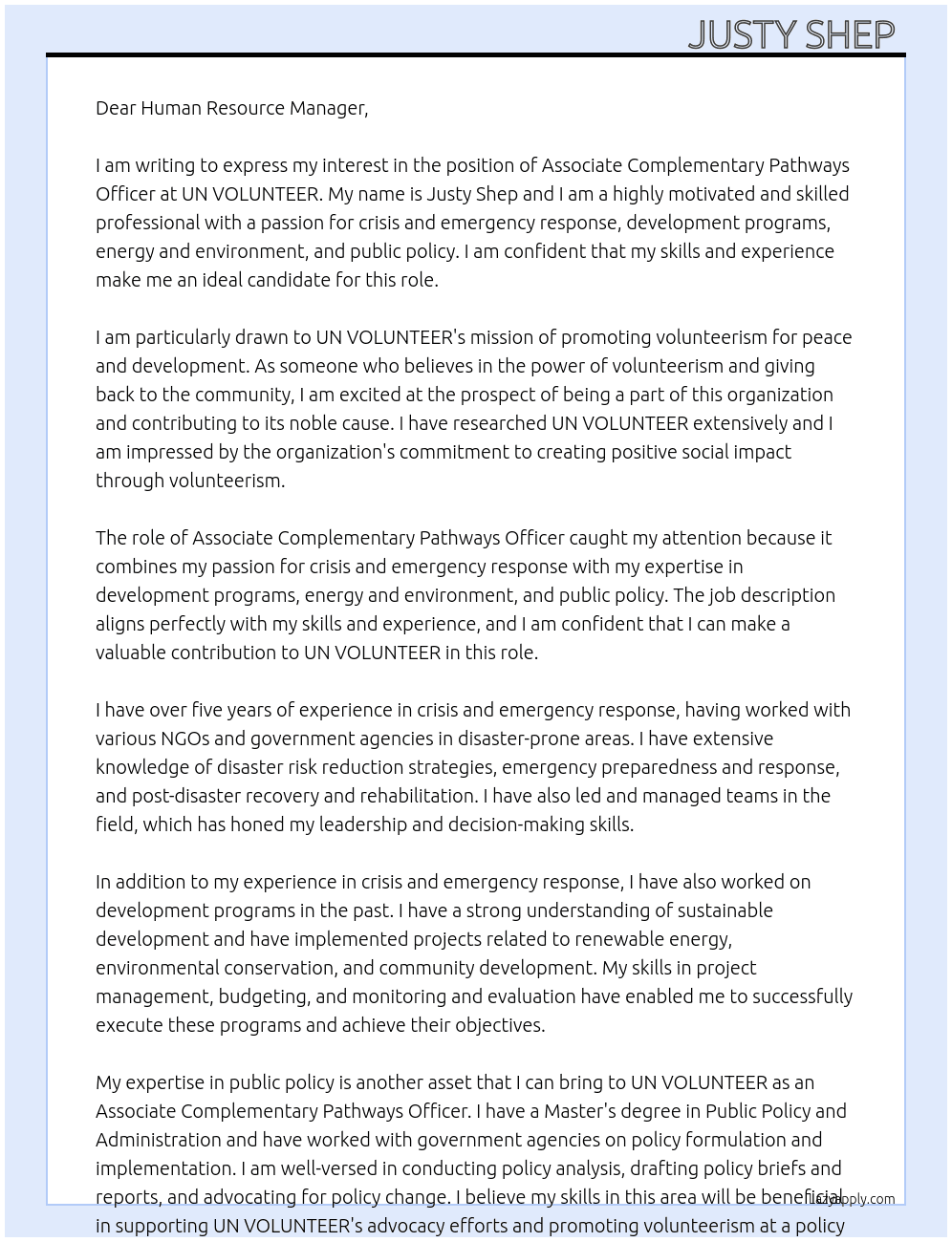 Associate Complementary Pathways Officer At UN VOLUNTEER Cover Letter