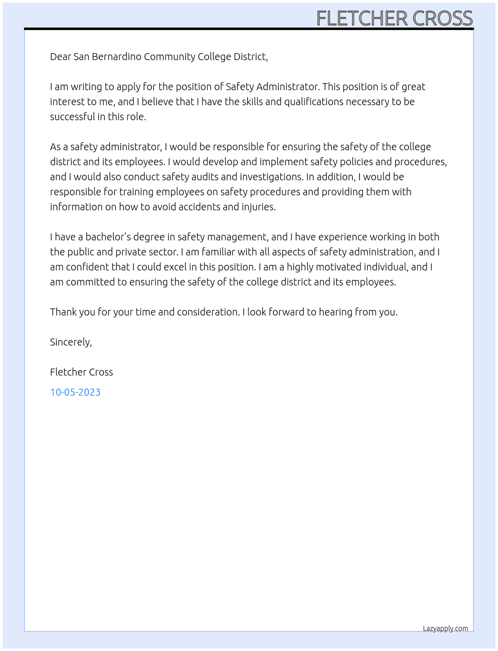 Safety Administrator At San Bernardino Community College district Cover Letter