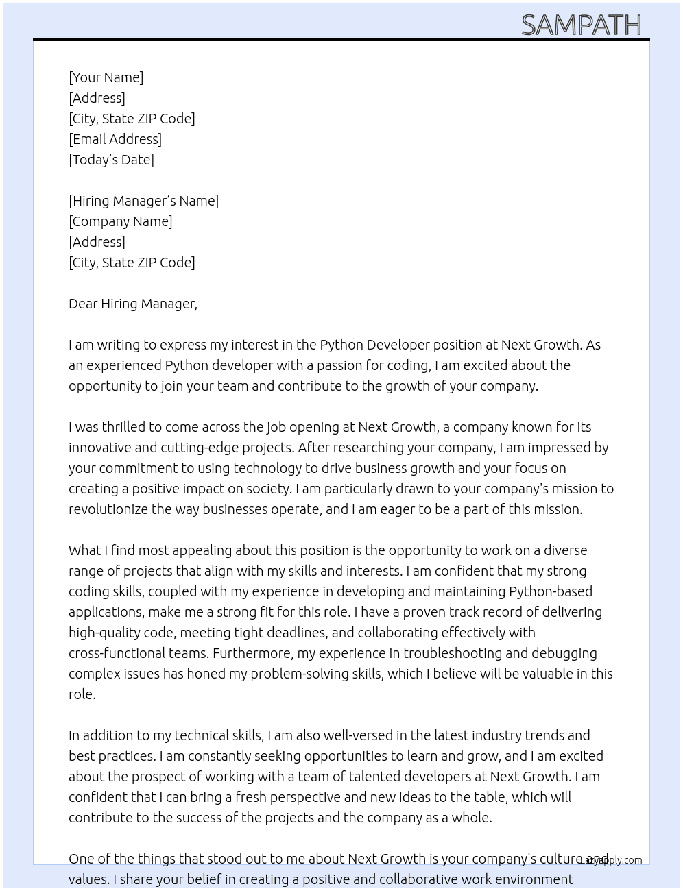 Python developer  At Next Growth Cover Letter