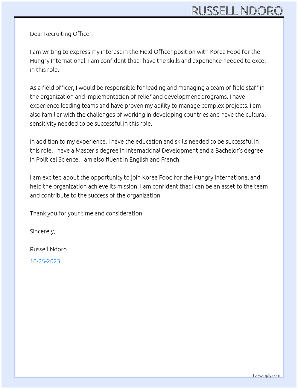 Field Officer At Korea Food for the Hungry International Cover Letter