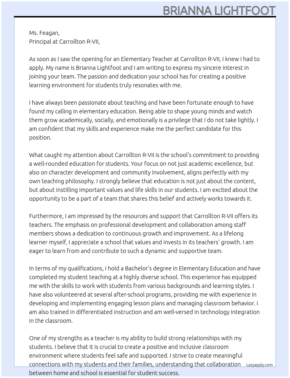 Elementary Teacher At Carrollton R-VII Cover Letter