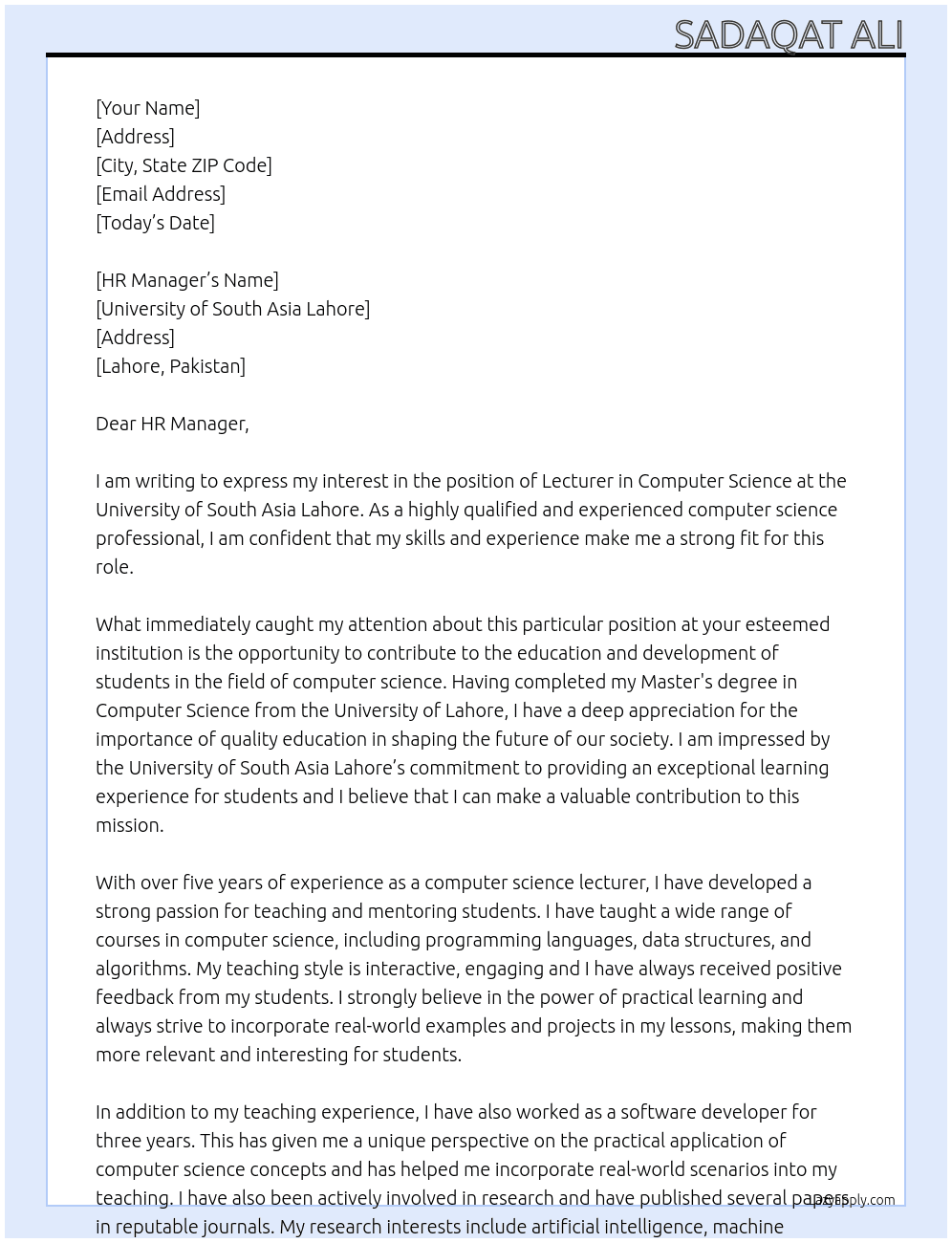Lecturer Computer Science At University of South Asia Lahore Cover Letter