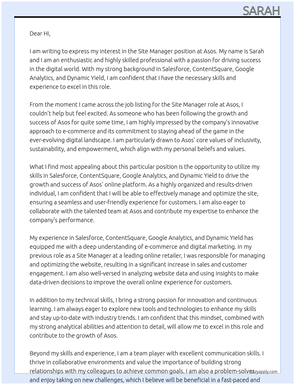 Site Manager At Asos Cover Letter