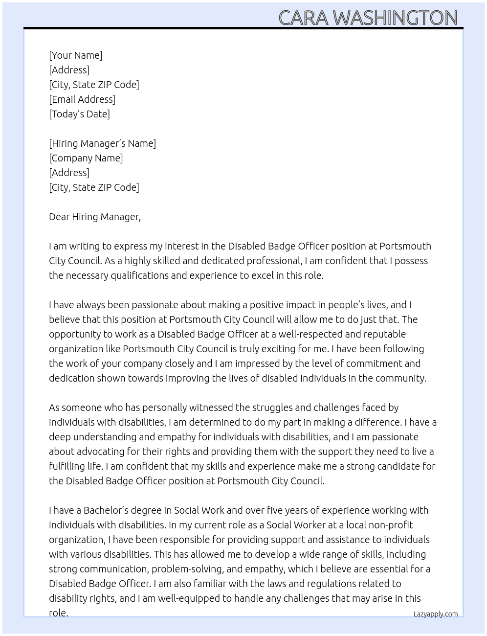 Disabled badge officer At Portsmouth City council Cover Letter
