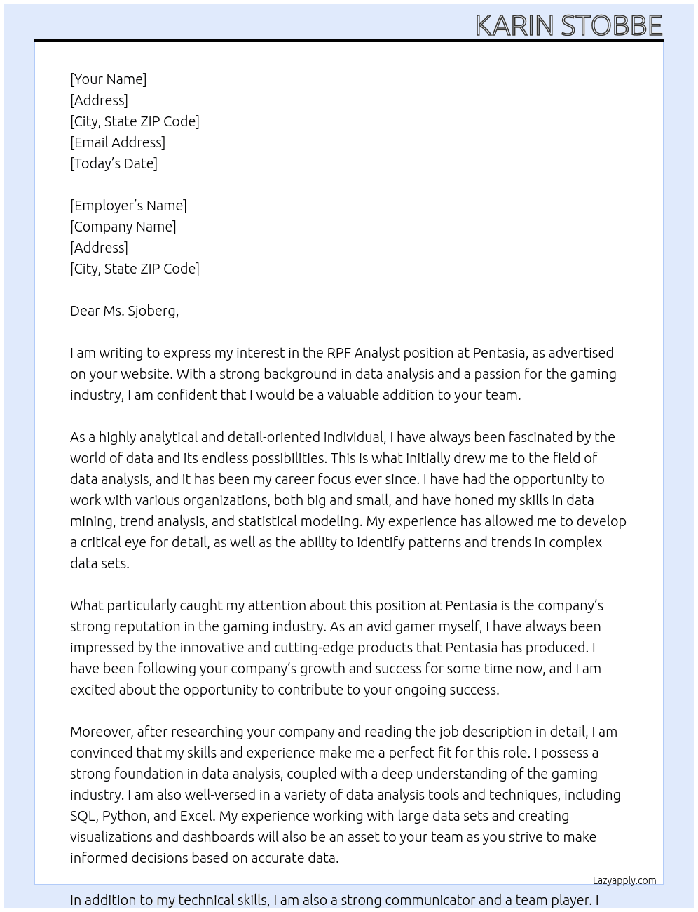 RPF Analyst At Pentasia Cover Letter