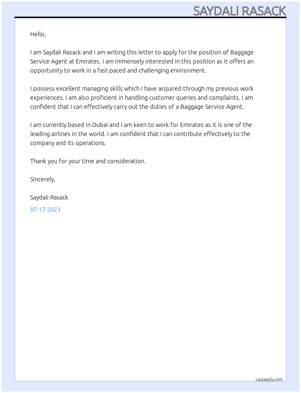 Baggage service agent At Emirates Cover Letter