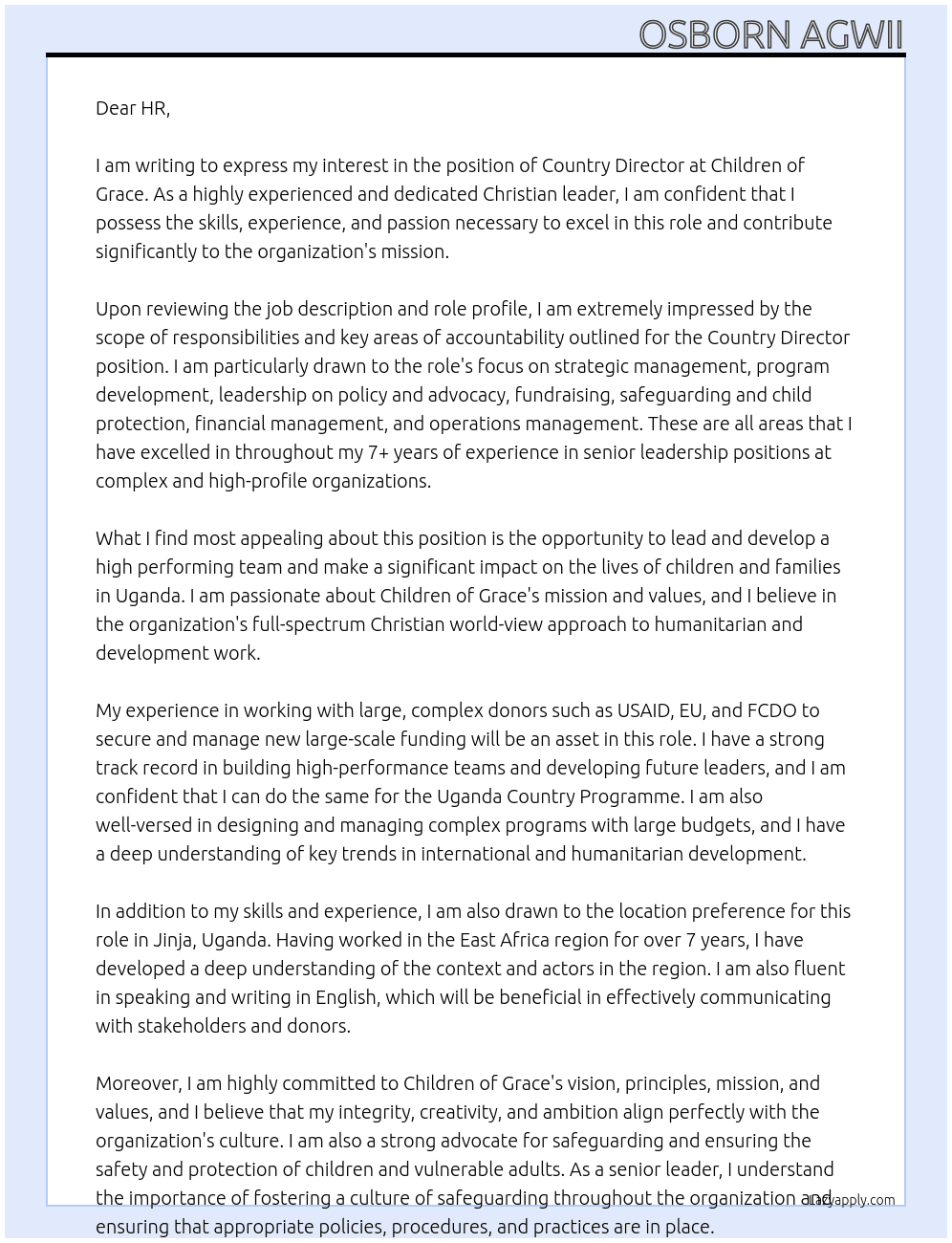 Country Director At Children of Grace Cover Letter