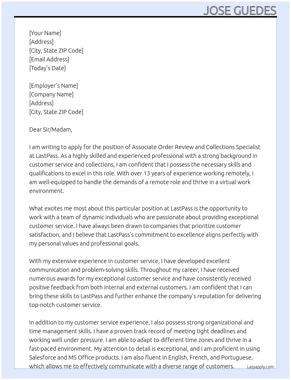 Associate Order Review and Collections Specialist At LastPass Cover Letter
