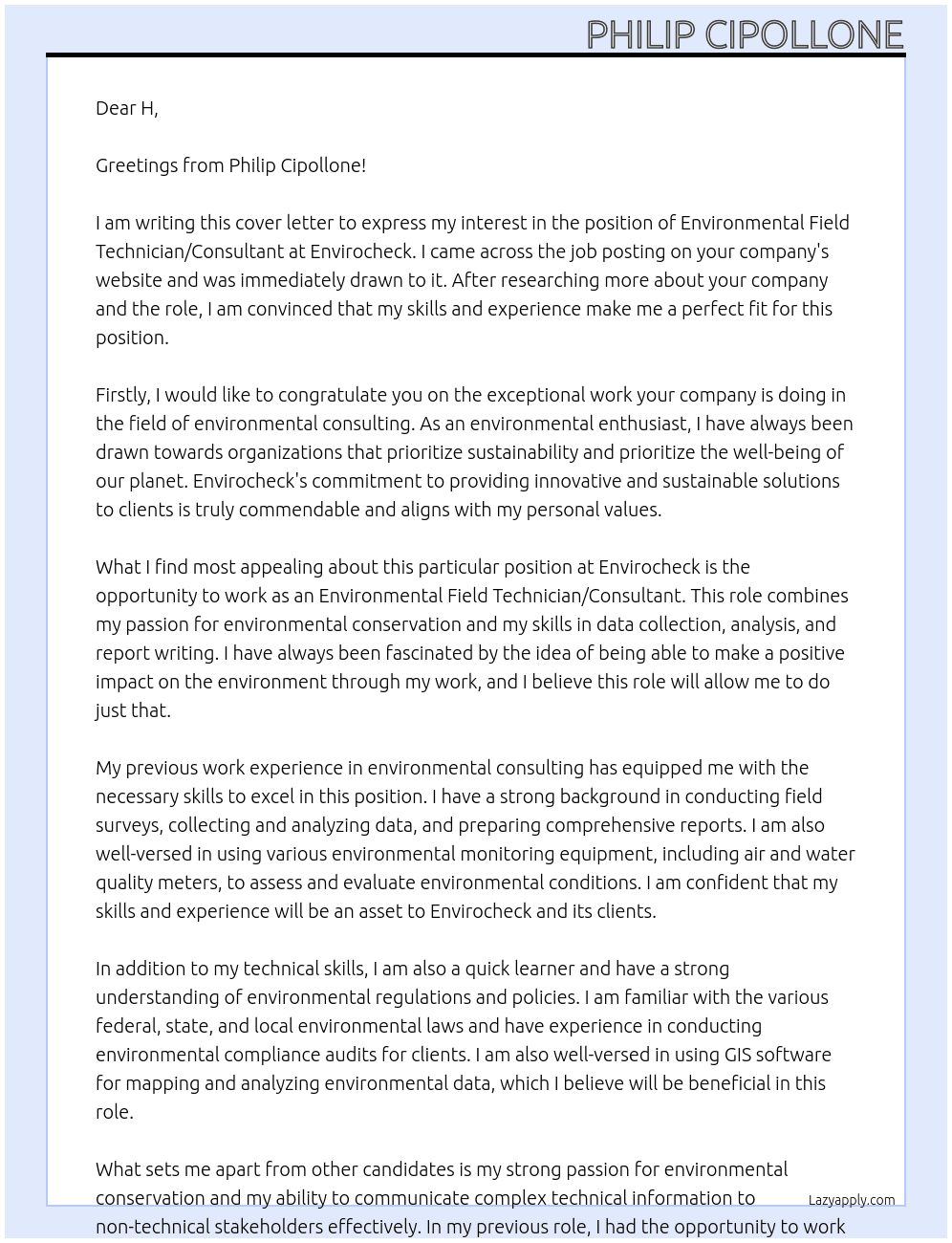 Environmental Field Technician / Consultant At envirocheck Cover Letter