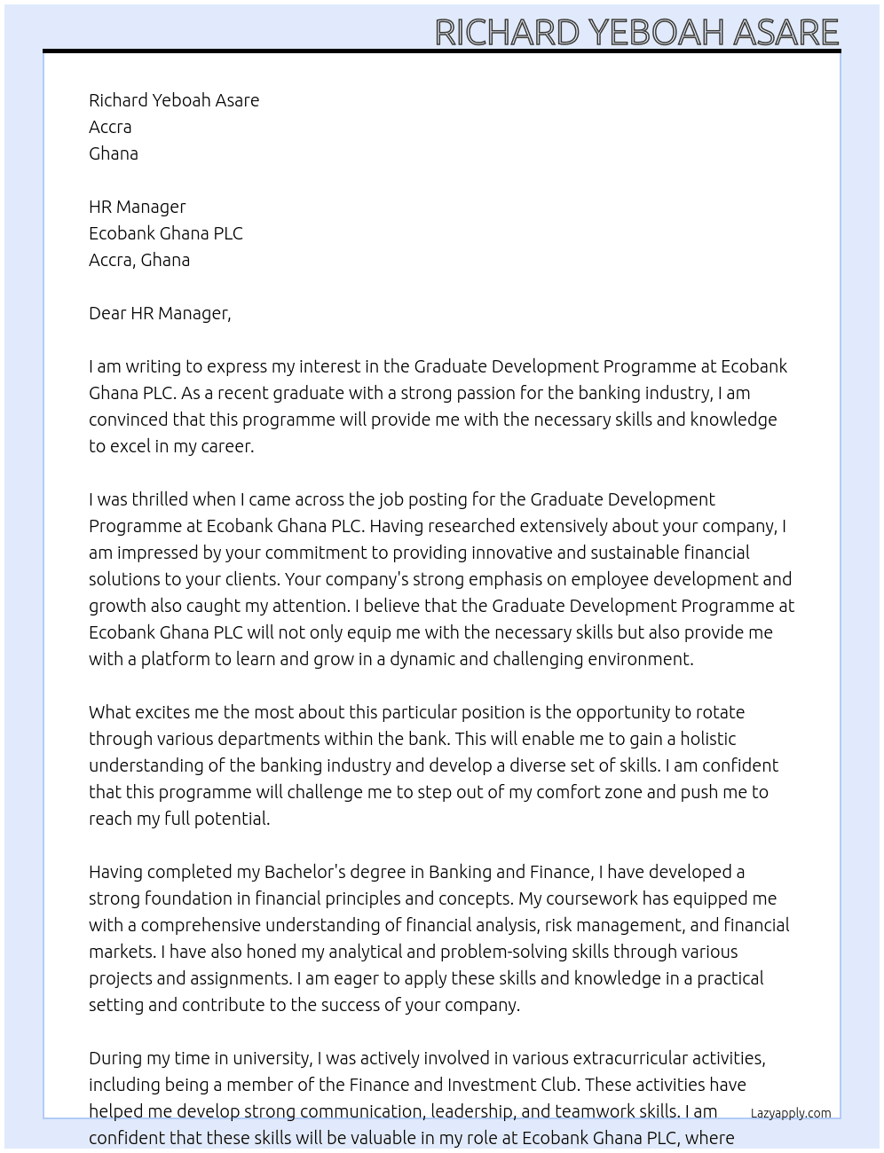 Graduate Development Programme  At Ecobank Ghana PLC Cover Letter
