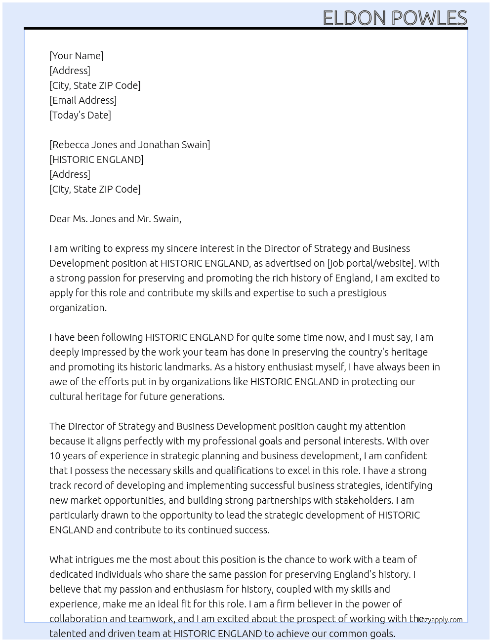  HISTORIC ENGLAND Director of Strategy and Business Development At HIstoric England Cover Letter