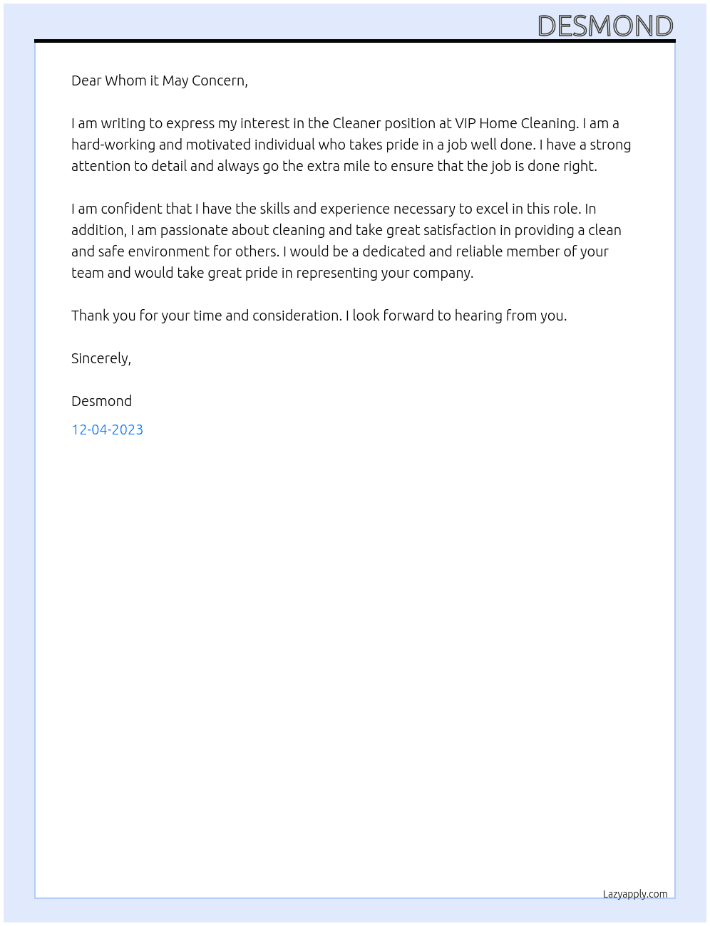 Cleaner At VIP Home Cleaning Cover Letter