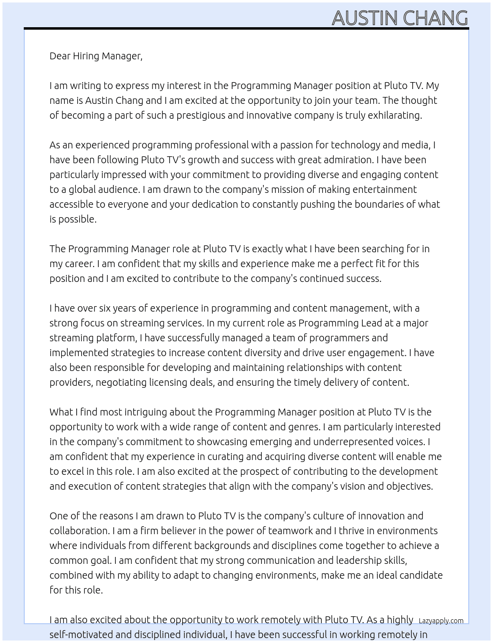 Programming Manager At Pluto TV Cover Letter