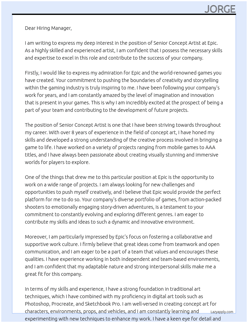 Senior concept artist At epic Cover Letter