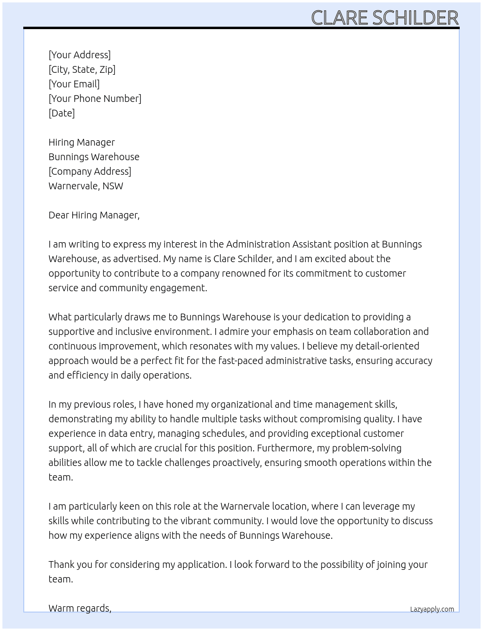 Administration assistant  At Bunnings Warehouse  Cover Letter