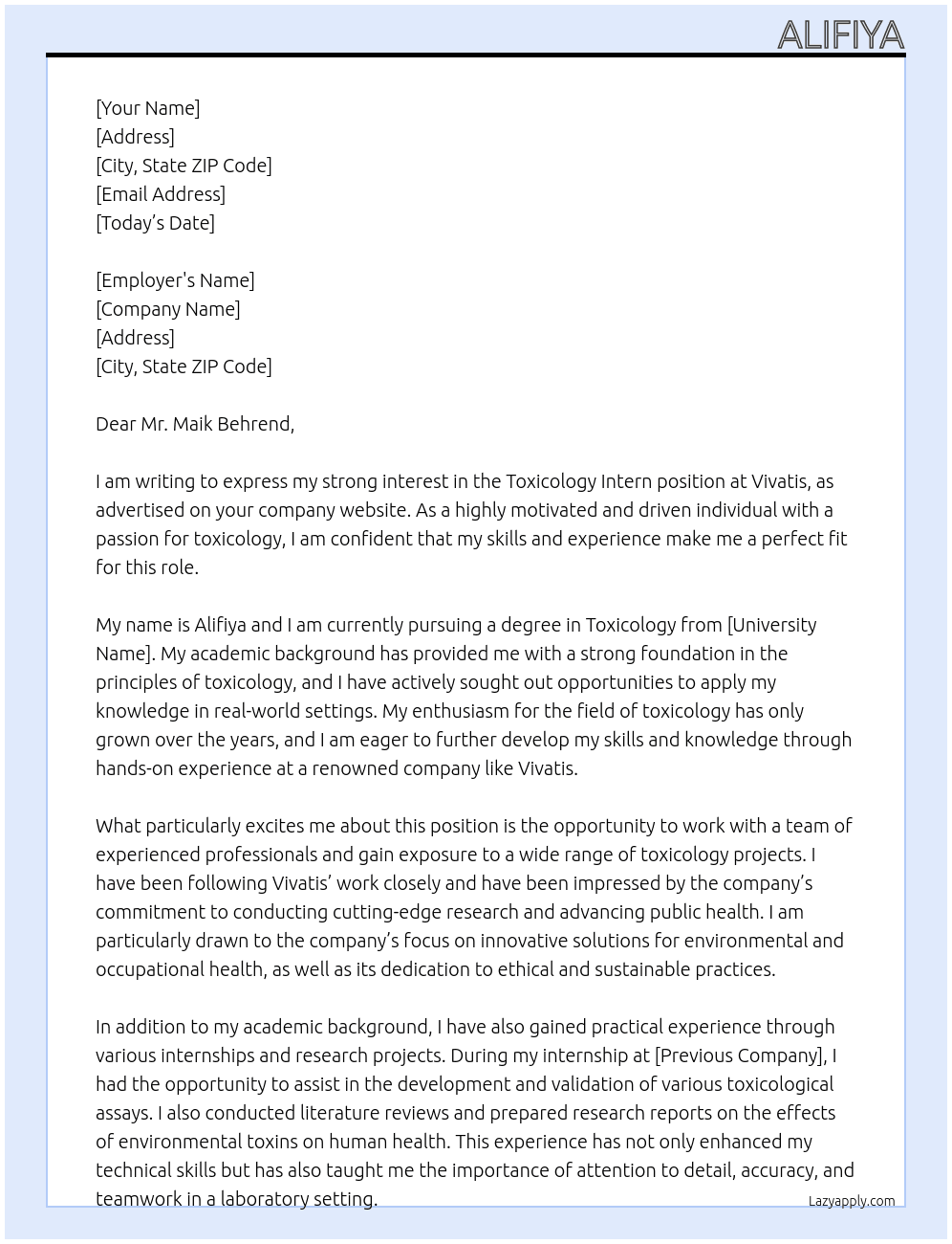 toxicology intern At Vivatis Cover Letter