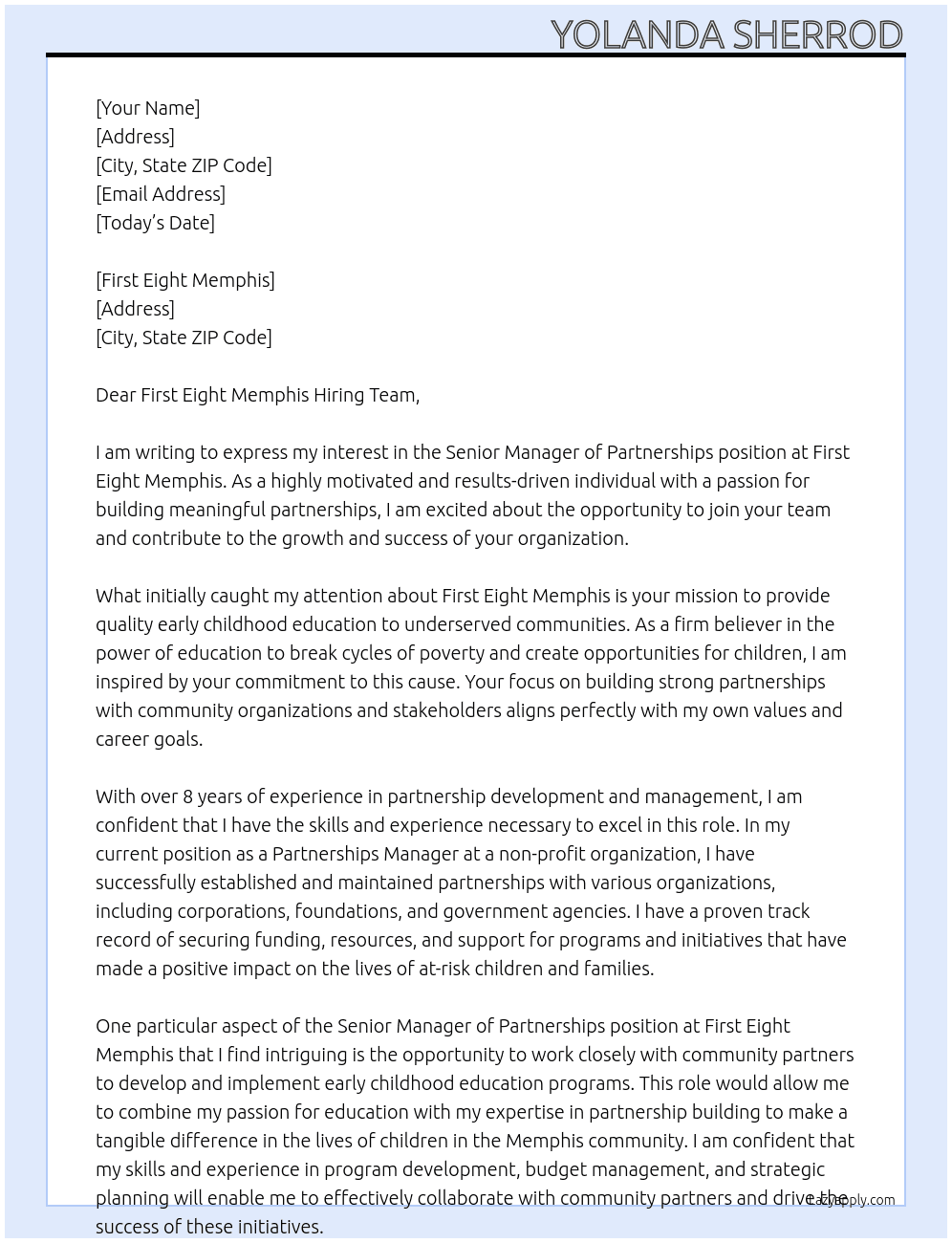 Senior Manager of Partnerships At First Eight Memphis Cover Letter