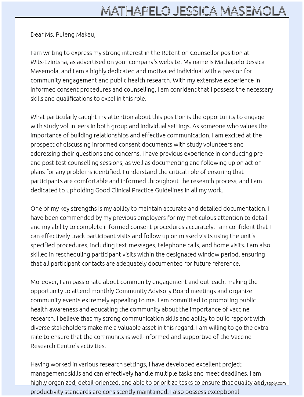Retention Counsellor  At Wits -Ezintsha  Cover Letter