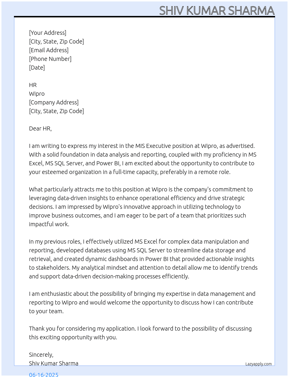 Cover letter for mis executive - LazyApply