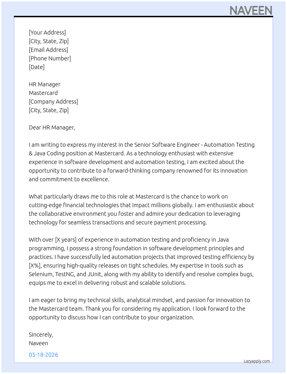 Cover letter for senior software engineer - automation testing & java coding - LazyApply