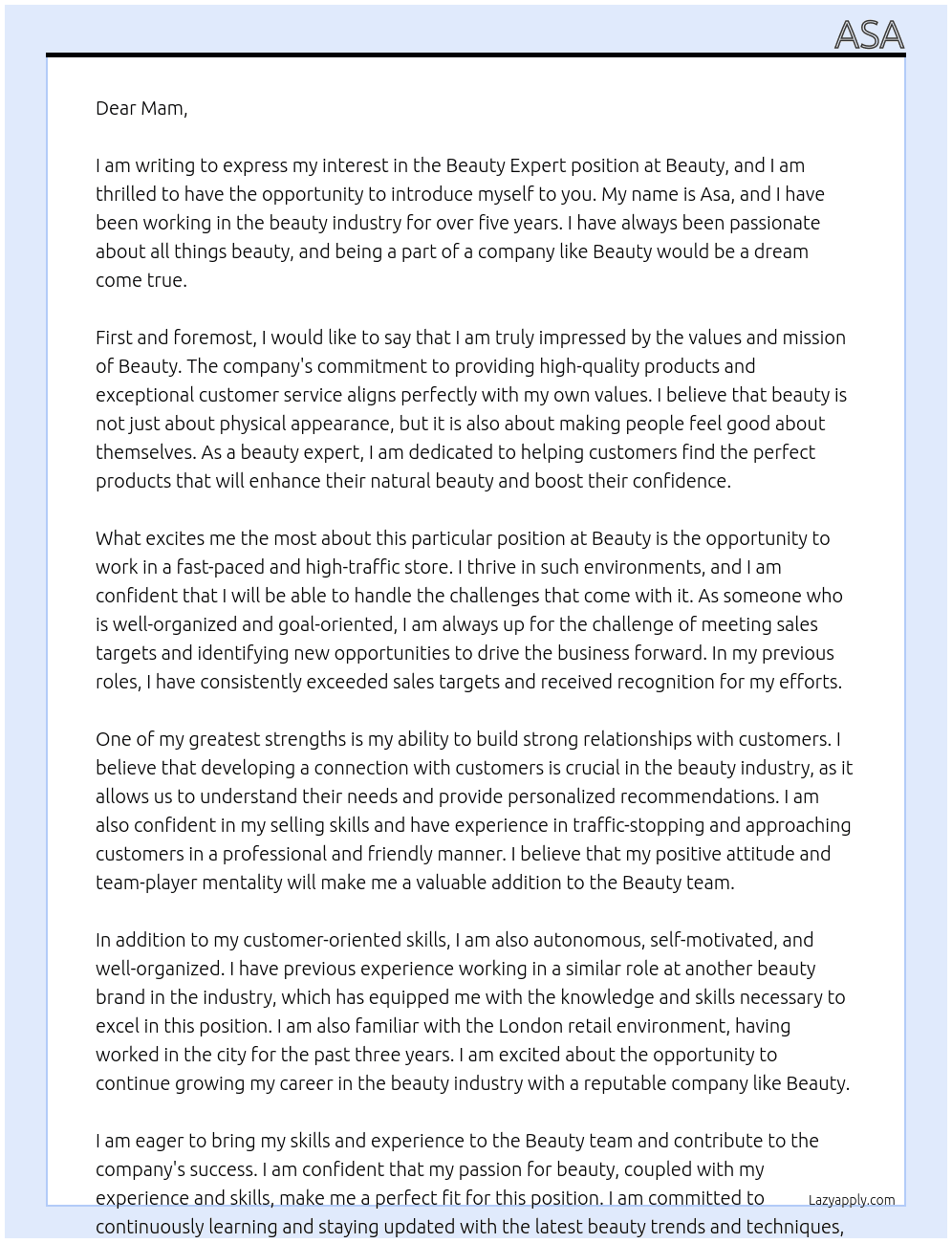Beauty expert At Beauty  Cover Letter