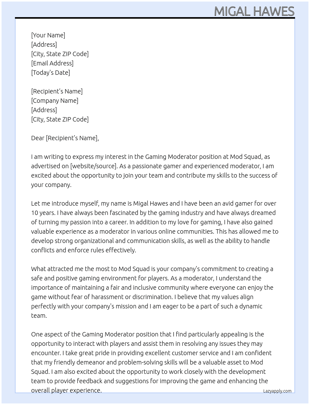 Gaming Moderator  At Mod Squad Cover Letter