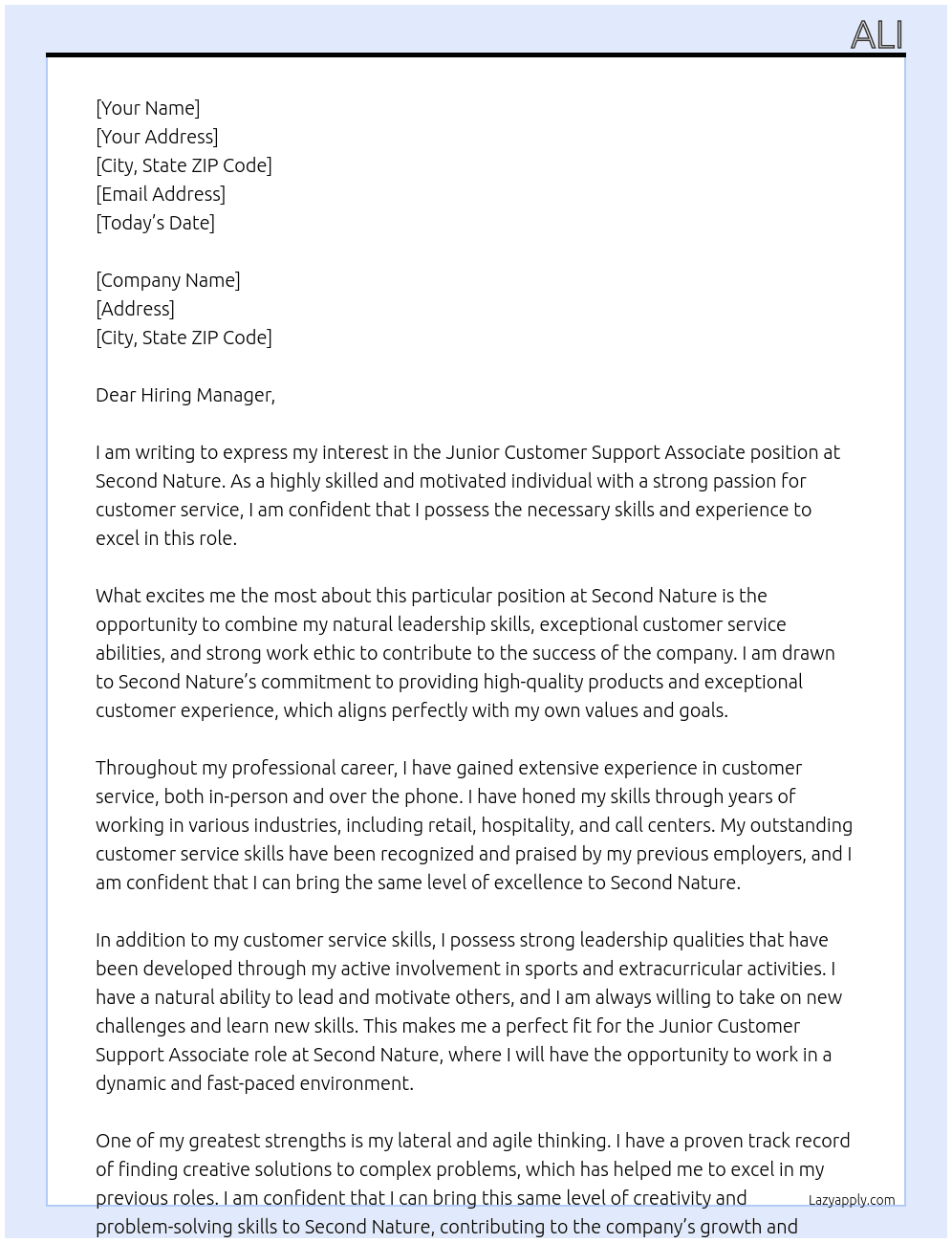 Junior Customer Support Associate At Second Naure Cover Letter